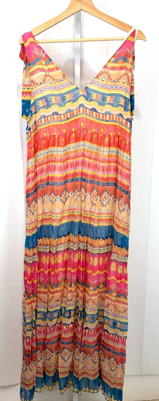 SEZANE x Chufy Pernille Maxi Dress Tie Strap V Neck Sunshine Multicolor Sz 42 10
